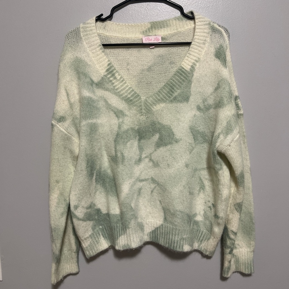 Pink Lily Green Tie-Dye V-Neck Sweater S